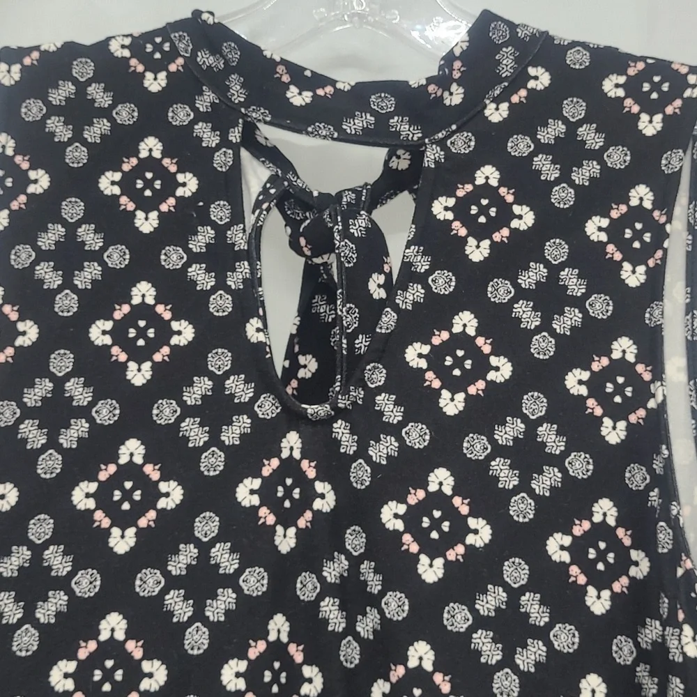 Midi Sundress Black White Pastel Peach Geometric Print w Tie V Neck Keyhole EUC